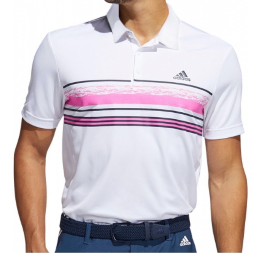 Adidas Men's Polo Shirt in White and Pink Stripes
